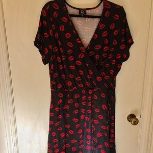 Casual Stretchy Faux Wrap Kiss Print Dress Black and Red Women's Size 2X